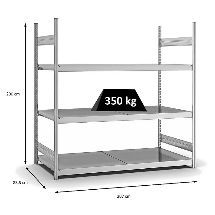 Proregal Schwerlastregal MAGNUS Stecksystem - H x B x T: 200 x 200 x 80 cm, Traglast pro Boden: 350 kg, Anzahl Böden: 3 Stk., Stecken, Verzinkt