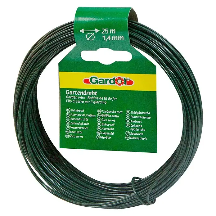 Gardol Gartendraht - Grün, Verzinkt, 25 m, 1,4 mm - Gartendraht: Eine 25 m lange, dunkelgrüne Rolle Gartendraht mit einer Stärke von 1,4 mm, ideal für Gartenarbeiten.