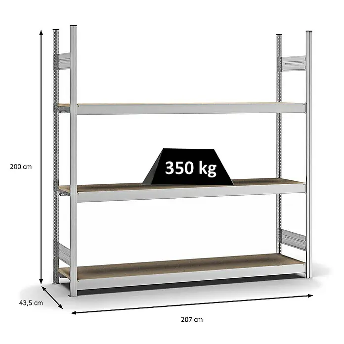 Proregal Schwerlastregal MAGNUS Stecksystem - H x B x T: 200 x 200 x 40 cm, Traglast pro Boden: 350 kg, Anzahl Böden: 3 Stk., Stecken, Verzinkt