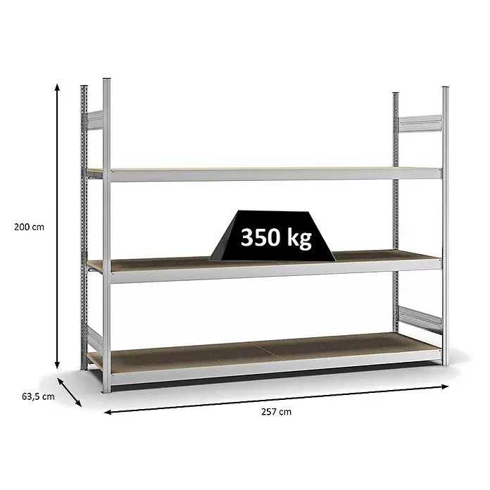 Proregal Schwerlastregal MAGNUS Stecksystem - H x B x T: 200 x 250 x 60 cm, Traglast pro Boden: 350 kg, Anzahl Böden: 3 Stk., Stecken, Verzinkt