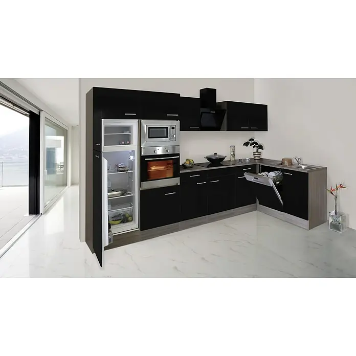Respekta Winkelküche Oliver - B x T: 340 x 172 cm, Schwarz, Mit Elektrogeräten - Moderne Küche in Schwarz mit hochglänzenden Fronten, inklusive Kühlschrank, Backofen und Geschirrspüler für ein stilvolles Kocherlebnis.
