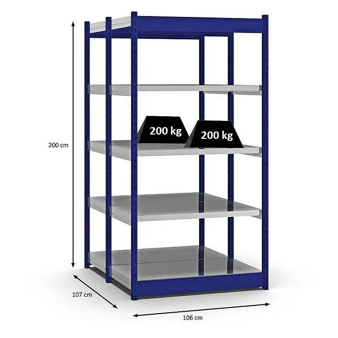 Proregal Schwerlastregal MAGNUS Vierkant-Profil Stecksystem - H x B x T: 200 x 102,5 x 50 cm, Traglast pro Boden: 200 kg, Anzahl Böden: 10 Stk., Stecken, Enzianblau/Verzinkt