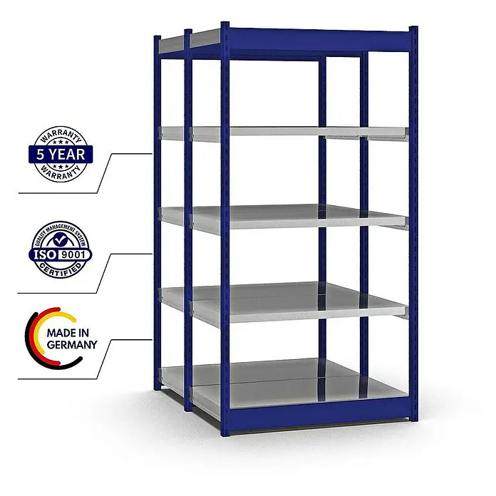 Proregal Schwerlastregal MAGNUS Vierkant-Profil Stecksystem - H x B x T: 200 x 102,5 x 50 cm, Traglast pro Boden: 200 kg, Anzahl Böden: 10 Stk., Stecken, Enzianblau/Verzinkt