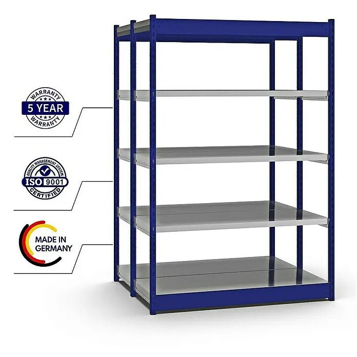 Proregal Schwerlastregal MAGNUS Vierkant-Profil Stecksystem - H x B x T: 200 x 132,5 x 50 cm, Traglast pro Boden: 200 kg, Anzahl Böden: 10 Stk., Stecken, Enzianblau/Verzinkt