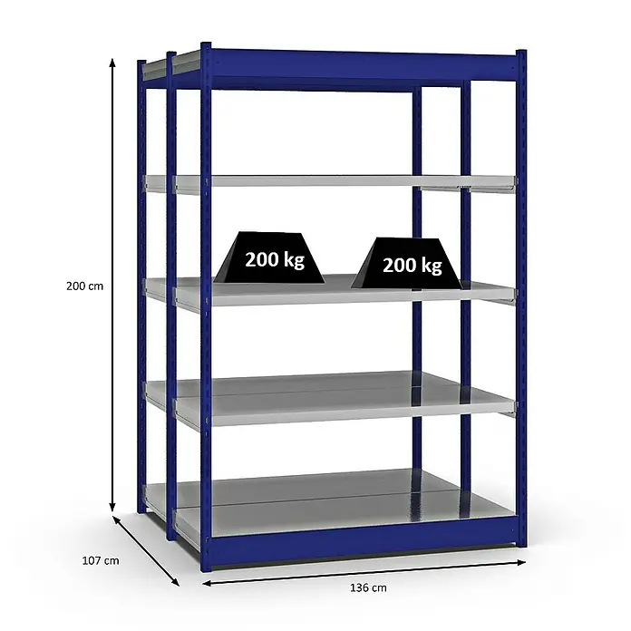 Proregal Schwerlastregal MAGNUS Vierkant-Profil Stecksystem - H x B x T: 200 x 132,5 x 50 cm, Traglast pro Boden: 200 kg, Anzahl Böden: 10 Stk., Stecken, Enzianblau/Verzinkt