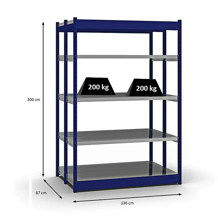 Proregal Schwerlastregal MAGNUS Vierkant-Profil Stecksystem - H x B x T: 200 x 132,5 x 40 cm, Traglast pro Boden: 200 kg, Anzahl Böden: 10 Stk., Stecken, Enzianblau/Verzinkt