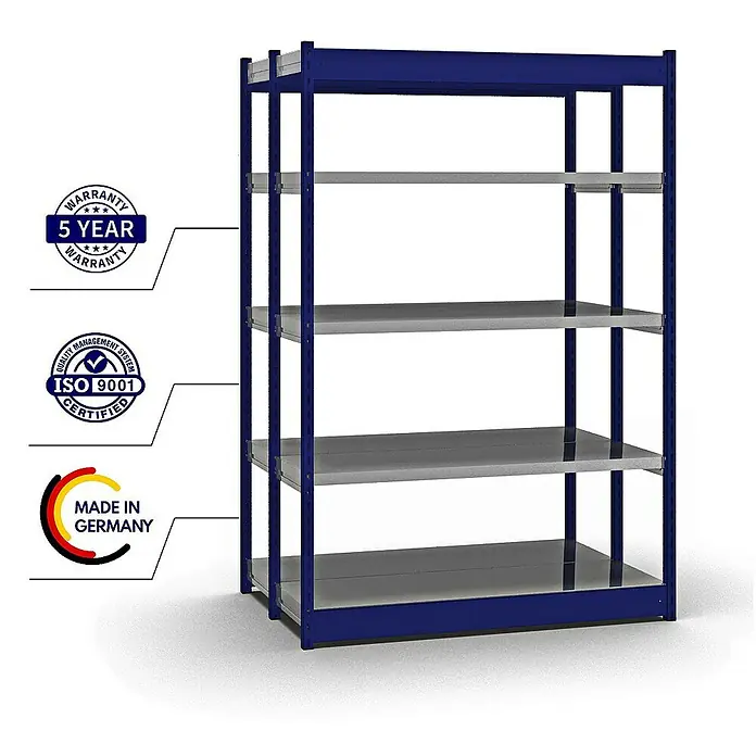 Proregal Schwerlastregal MAGNUS Vierkant-Profil Stecksystem - H x B x T: 200 x 132,5 x 40 cm, Traglast pro Boden: 200 kg, Anzahl Böden: 10 Stk., Stecken, Enzianblau/Verzinkt