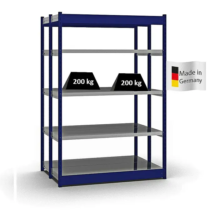 Proregal Schwerlastregal MAGNUS Vierkant-Profil Stecksystem - H x B x T: 200 x 132,5 x 40 cm, Traglast pro Boden: 200 kg, Anzahl Böden: 10 Stk., Stecken, Enzianblau/Verzinkt