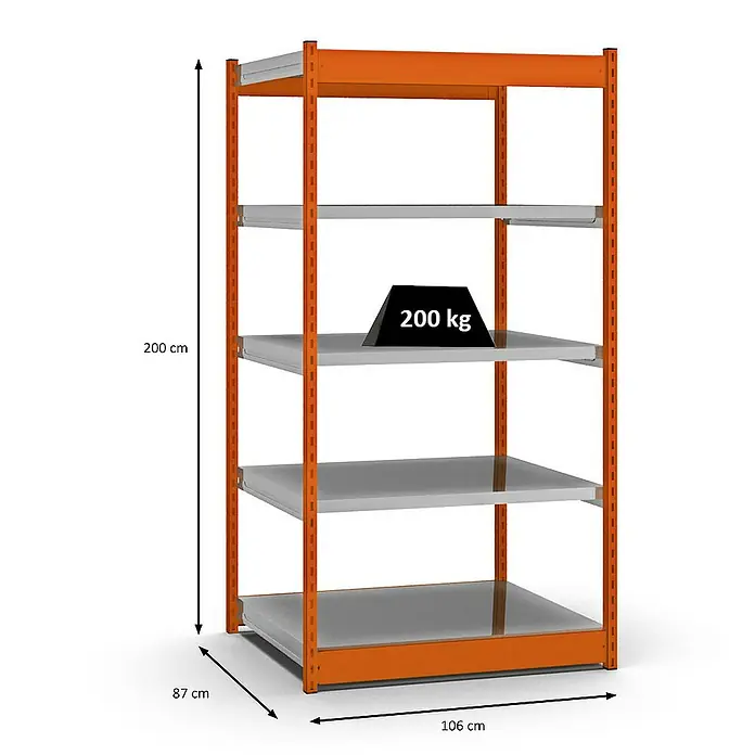 Proregal Schwerlastregal MAGNUS Vierkant-Profil Stecksystem - H x B x T: 200 x 102,5 x 80 cm, Traglast pro Boden: 200 kg, Anzahl Böden: 5 Stk., Stecken, Orange/Verzinkt