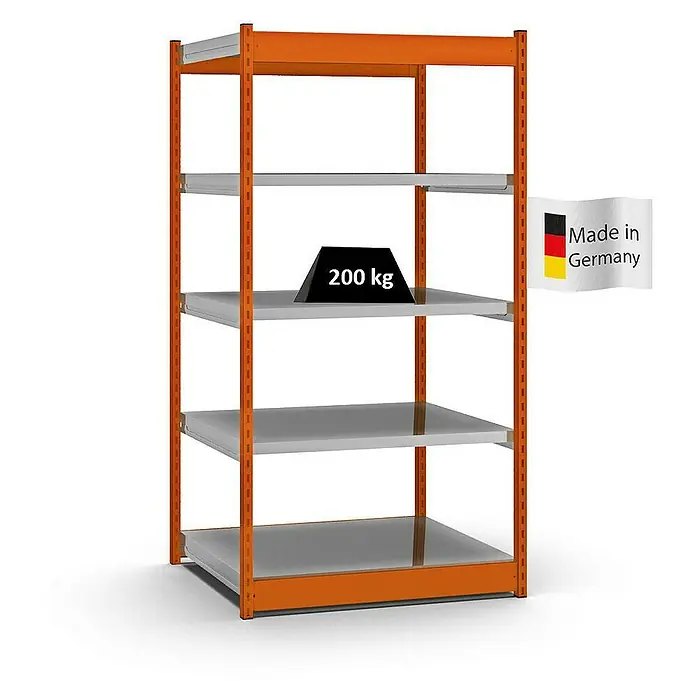 Proregal Schwerlastregal MAGNUS Vierkant-Profil Stecksystem - H x B x T: 200 x 102,5 x 80 cm, Traglast pro Boden: 200 kg, Anzahl Böden: 5 Stk., Stecken, Orange/Verzinkt