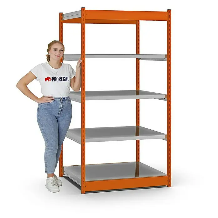 Proregal Schwerlastregal MAGNUS Vierkant-Profil Stecksystem - H x B x T: 200 x 102,5 x 80 cm, Traglast pro Boden: 200 kg, Anzahl Böden: 5 Stk., Stecken, Orange/Verzinkt