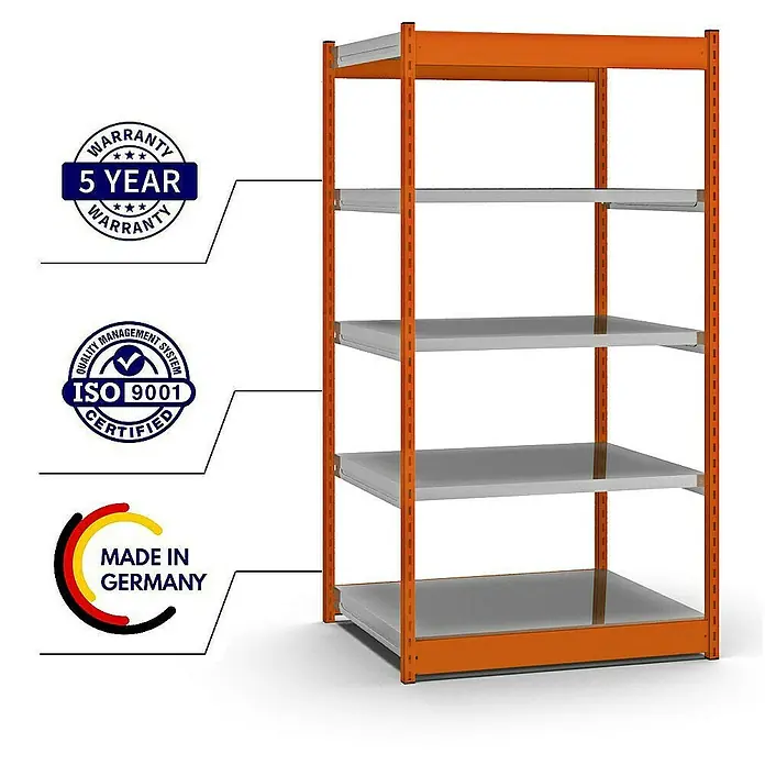 Proregal Schwerlastregal MAGNUS Vierkant-Profil Stecksystem - H x B x T: 200 x 102,5 x 80 cm, Traglast pro Boden: 200 kg, Anzahl Böden: 5 Stk., Stecken, Orange/Verzinkt