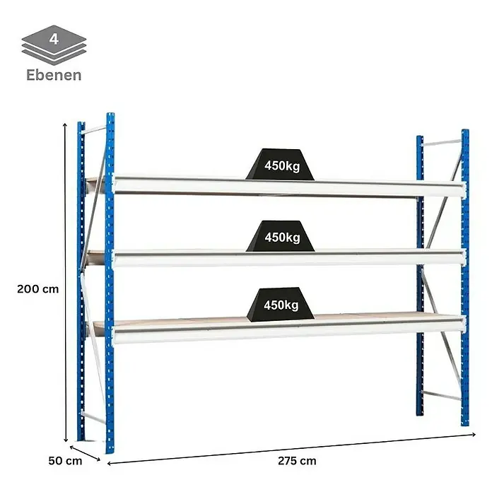 Proregal Schwerlastregal Weitspannregal MAXIMUS Pro - H x B x T: 200 x 275 x 50 cm, Traglast pro Boden: 450 kg, Anzahl Böden: 4 Stk., Stecken, Lichtblau/Lichtgrau