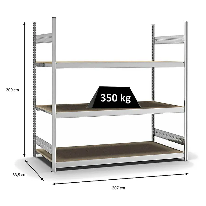 Proregal Schwerlastregal MAGNUS Stecksystem - H x B x T: 200 x 200 x 80 cm, Traglast pro Boden: 350 kg, Anzahl Böden: 3 Stk., Stecken, Verzinkt