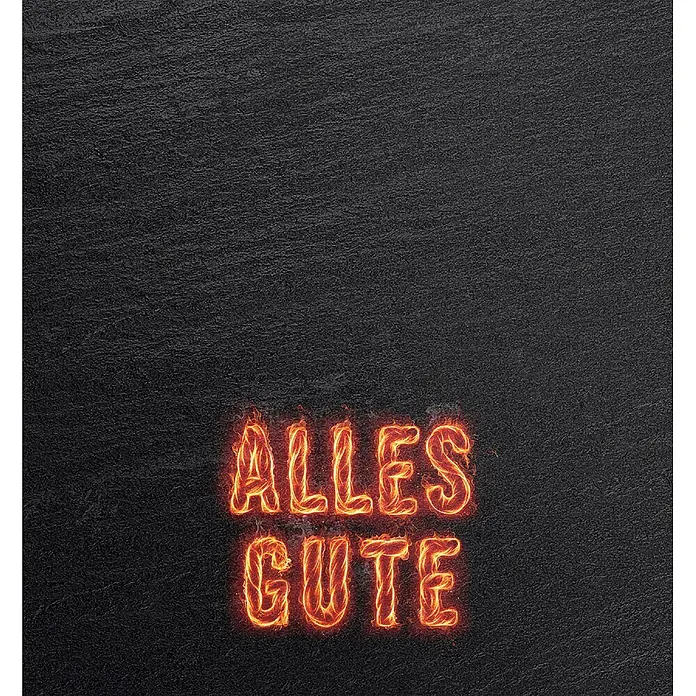 Gutscheinkarte - Per Postversand, Individueller Betrag, Grillkohle - Bild mit dem feurigen Schriftzug "ALLES GUTE" auf dunklem Hintergrund, ideal für Glückwünsche und positive Botschaften.