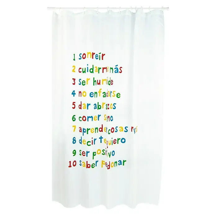 Venus Cortina de baño Propósitos - An x Al: 180 x 200 cm, Plástico, Blanco - Cortina de ducha blanca con coloridas inscripciones en español para un ambiente positivo en el baño.