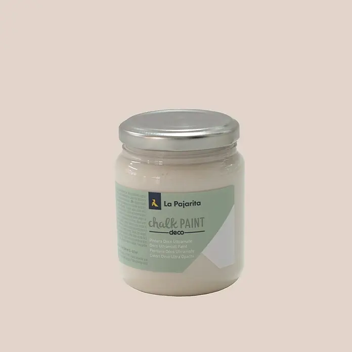 La Pajarita Pintura de tiza Chalk Paint - Nude, 175 ml, Mate - Primer plano de un bote de pintura a la tiza Deco La Pajarita con tapa plateada, ideal para proyectos DIY y restauración de muebles.