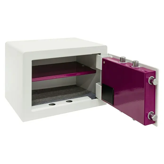 Arregui Caja fuerte Forma Evolution 150040 - L x An x Al: 38,5 x 30 x 27 cm, Tipo de bloqueo: Códigos de usuario - Caja fuerte blanca abierta con compartimento de puerta y estante de color púrpura. Proporciona almacenamiento seguro.