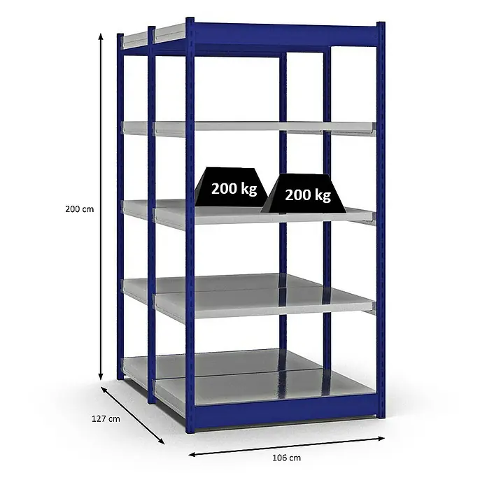 Proregal Schwerlastregal MAGNUS Vierkant-Profil Stecksystem - H x B x T: 200 x 102,5 x 60 cm, Traglast pro Boden: 200 kg, Anzahl Böden: 10 Stk., Stecken, Enzianblau/Verzinkt