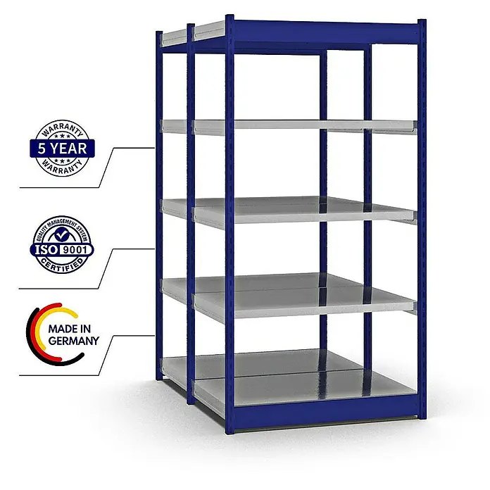 Proregal Schwerlastregal MAGNUS Vierkant-Profil Stecksystem - H x B x T: 200 x 102,5 x 60 cm, Traglast pro Boden: 200 kg, Anzahl Böden: 10 Stk., Stecken, Enzianblau/Verzinkt