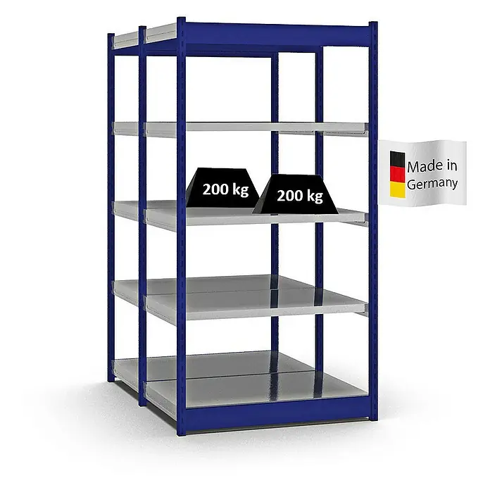 Proregal Schwerlastregal MAGNUS Vierkant-Profil Stecksystem - H x B x T: 200 x 102,5 x 60 cm, Traglast pro Boden: 200 kg, Anzahl Böden: 10 Stk., Stecken, Enzianblau/Verzinkt