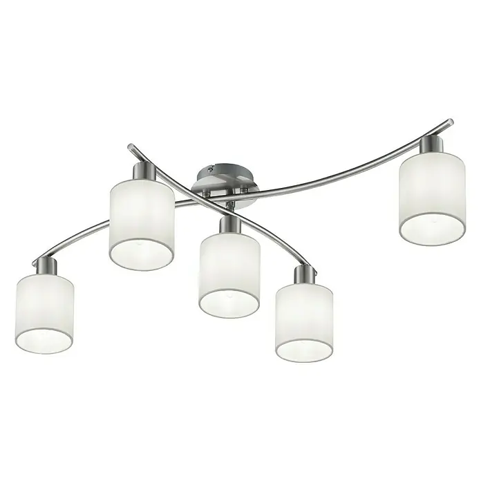Trio Leuchten Deckenleuchte Garda - 25 W, L x B x H: 7,5 x 44,2 x 22 cm, E14, Weiß - Deckenleuchte mit fünf Lampen. Geschwungene, silberne Metallarme tragen zylindrische, weiße Lampenschirme, die ein helles, diffuses Licht spenden.