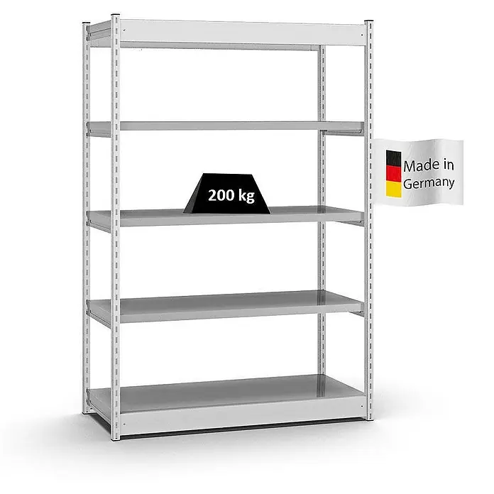 Proregal Schwerlastregal MAGNUS Vierkant-Profil Stecksystem - H x B x T: 200 x 132,5 x 50 cm, Traglast pro Boden: 200 kg, Anzahl Böden: 5 Stk., Stecken, Lichtgrau/Verzinkt