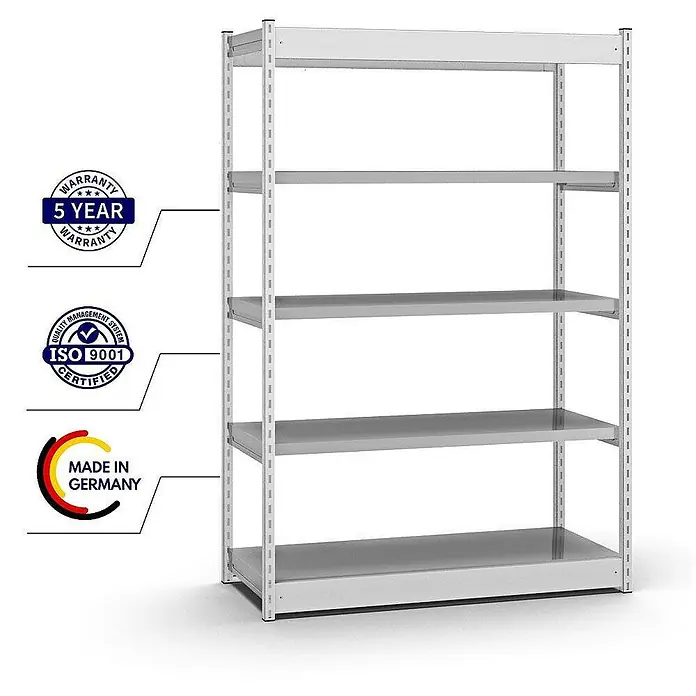Proregal Schwerlastregal MAGNUS Vierkant-Profil Stecksystem - H x B x T: 200 x 132,5 x 50 cm, Traglast pro Boden: 200 kg, Anzahl Böden: 5 Stk., Stecken, Lichtgrau/Verzinkt