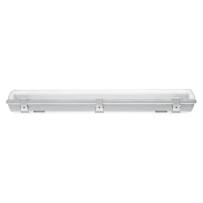 Voltolux Tira de luz LED antihumedad LED - L x An x Al: 66,5 x 6,6 x 7,3 cm, Color de luz: Blanco neutro, 9 W, IP65 - Luminaria estanca blanca alargada con cubierta transparente y clips de montaje visibles para uso interior.