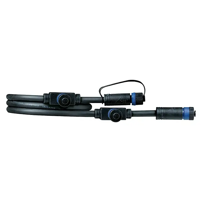 Paulmann Plug & Shine Verbindungskabel - 1 m, 3 Anschlüsse, IP68 - Schwarze wasserdichte Kabelverbinder mit blauen Akzenten. Sie bieten Schutz vor Wasser und Feuchtigkeit.\n