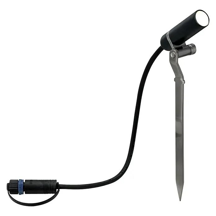 Paulmann Plug & Shine LED-Gartenspot Plantini - 2 W, Erdspieß, Höhe: 22,3 cm, 24 V - Abbildung einer schwarzen Gartenleuchte mit Erdspieß und Kabel. Das Licht wird zur Beleuchtung von Außenbereichen verwendet.