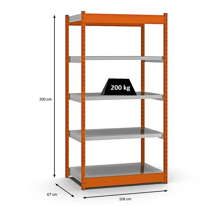 Proregal Schwerlastregal MAGNUS Vierkant-Profil Stecksystem - H x B x T: 200 x 102,5 x 60 cm, Traglast pro Boden: 200 kg, Anzahl Böden: 5 Stk., Stecken, Orange/Verzinkt