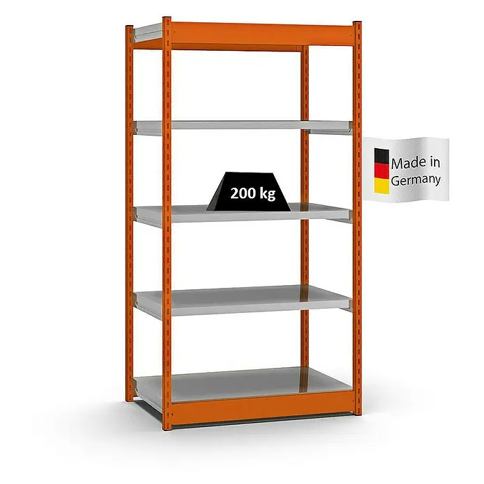 Proregal Schwerlastregal MAGNUS Vierkant-Profil Stecksystem - H x B x T: 200 x 102,5 x 60 cm, Traglast pro Boden: 200 kg, Anzahl Böden: 5 Stk., Stecken, Orange/Verzinkt