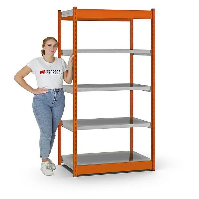 Proregal Schwerlastregal MAGNUS Vierkant-Profil Stecksystem - H x B x T: 200 x 102,5 x 60 cm, Traglast pro Boden: 200 kg, Anzahl Böden: 5 Stk., Stecken, Orange/Verzinkt