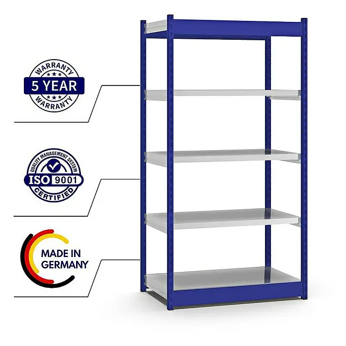 Proregal Schwerlastregal MAGNUS Vierkant-Profil Stecksystem - H x B x T: 200 x 102,5 x 50 cm, Traglast pro Boden: 200 kg, Anzahl Böden: 5 Stk., Stecken, Enzianblau/Verzinkt
