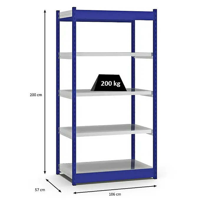 Proregal Schwerlastregal MAGNUS Vierkant-Profil Stecksystem - H x B x T: 200 x 102,5 x 50 cm, Traglast pro Boden: 200 kg, Anzahl Böden: 5 Stk., Stecken, Enzianblau/Verzinkt
