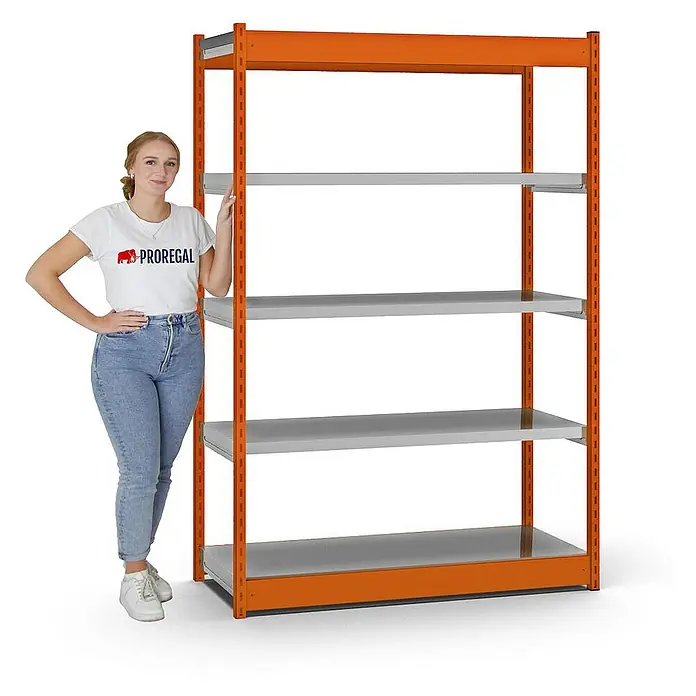 Proregal Schwerlastregal MAGNUS Vierkant-Profil Stecksystem - H x B x T: 200 x 132,5 x 50 cm, Traglast pro Boden: 200 kg, Anzahl Böden: 5 Stk., Stecken, Orange/Verzinkt