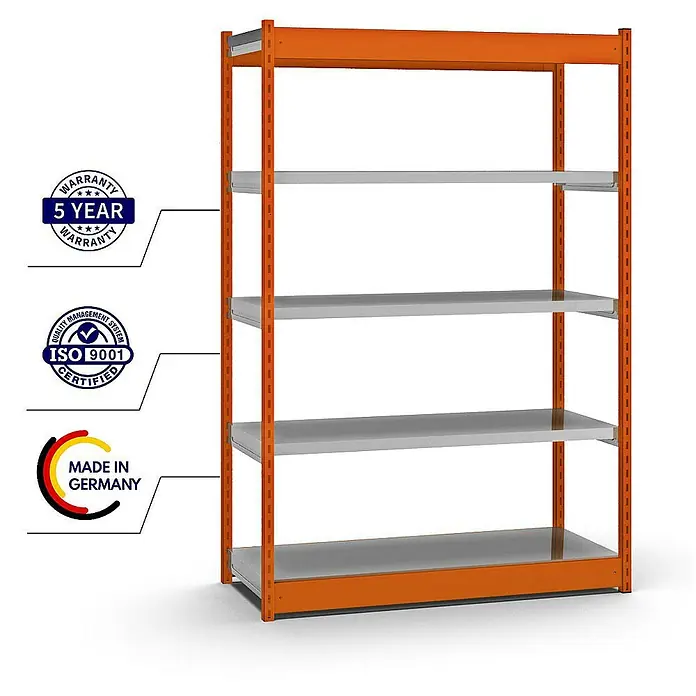 Proregal Schwerlastregal MAGNUS Vierkant-Profil Stecksystem - H x B x T: 200 x 132,5 x 50 cm, Traglast pro Boden: 200 kg, Anzahl Böden: 5 Stk., Stecken, Orange/Verzinkt