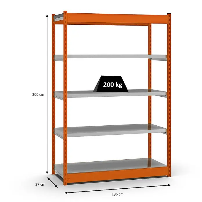 Proregal Schwerlastregal MAGNUS Vierkant-Profil Stecksystem - H x B x T: 200 x 132,5 x 50 cm, Traglast pro Boden: 200 kg, Anzahl Böden: 5 Stk., Stecken, Orange/Verzinkt