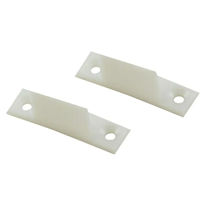 HBS Betz Bodenführung - 15 x 13 mm, 2 Stk. - Zwei weiße Kunststoffgleiter mit Aussparung und je zwei Löchern für Schrauben, die zur Befestigung dienen.