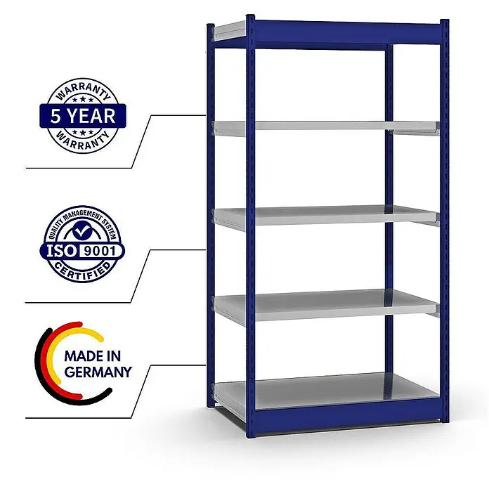 Proregal Schwerlastregal MAGNUS Vierkant-Profil Stecksystem - H x B x T: 200 x 102,5 x 60 cm, Traglast pro Boden: 200 kg, Anzahl Böden: 5 Stk., Stecken, Enzianblau/Verzinkt