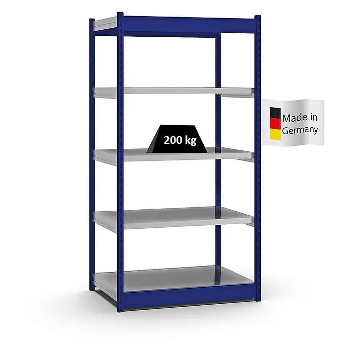 Proregal Schwerlastregal MAGNUS Vierkant-Profil Stecksystem - H x B x T: 200 x 102,5 x 60 cm, Traglast pro Boden: 200 kg, Anzahl Böden: 5 Stk., Stecken, Enzianblau/Verzinkt