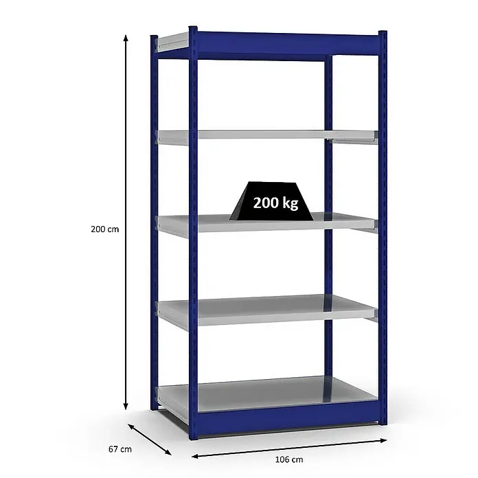 Proregal Schwerlastregal MAGNUS Vierkant-Profil Stecksystem - H x B x T: 200 x 102,5 x 60 cm, Traglast pro Boden: 200 kg, Anzahl Böden: 5 Stk., Stecken, Enzianblau/Verzinkt