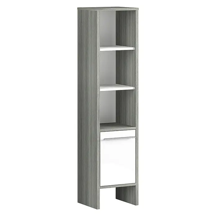 Astor Oslo Armario mediano de baño - 33 x 28 x 137 cm, Grafito, Blanco - Un armario de baño gris con estantes blancos y un cajón blanco con manija plateada que ofrece un almacenamiento elegante para cualquier baño.