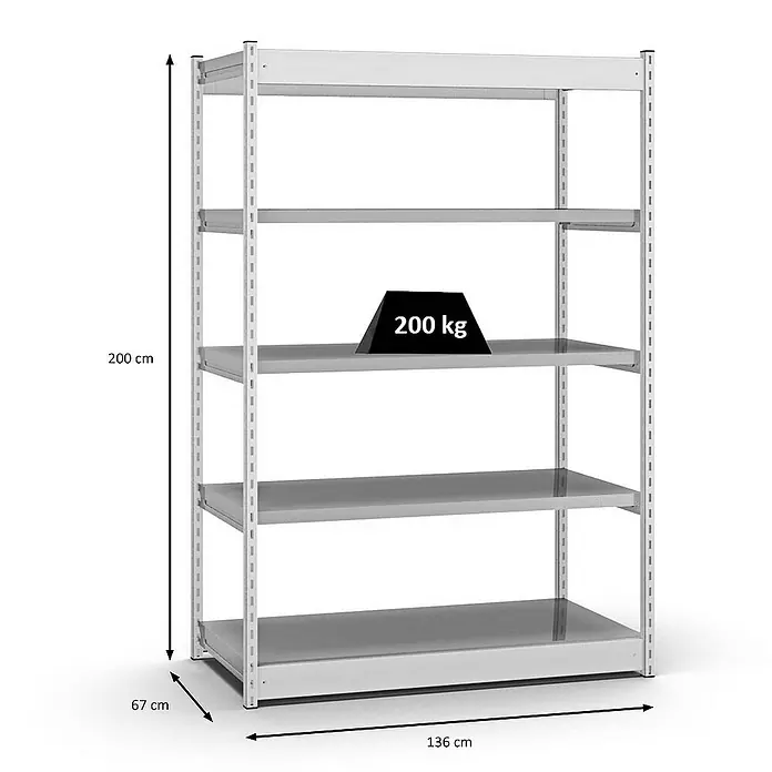 Proregal Schwerlastregal MAGNUS Vierkant-Profil Stecksystem - H x B x T: 200 x 132,5 x 60 cm, Traglast pro Boden: 200 kg, Anzahl Böden: 5 Stk., Stecken, Lichtgrau/Verzinkt