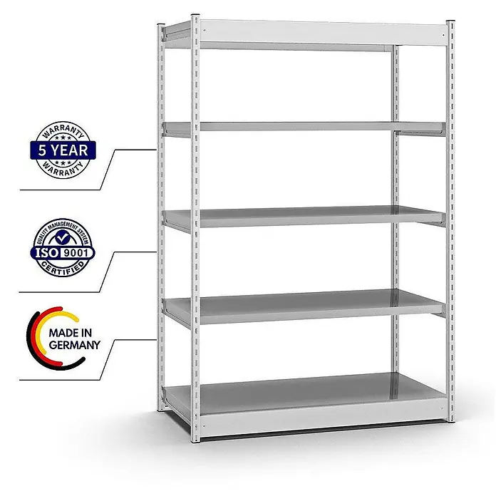 Proregal Schwerlastregal MAGNUS Vierkant-Profil Stecksystem - H x B x T: 200 x 132,5 x 60 cm, Traglast pro Boden: 200 kg, Anzahl Böden: 5 Stk., Stecken, Lichtgrau/Verzinkt