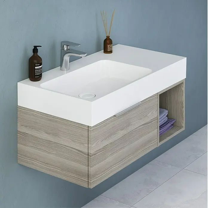 Camargue Cube Waschtischunterschrank - 90 x 48 x 30 cm, Eiche Cordoba - Das moderne Badezimmerwaschbecken-Set besticht durch eine klare, rechteckige Form mit einem Unterschrank im Holzdesign. Ideal für ein stilvolles Badezimmer.