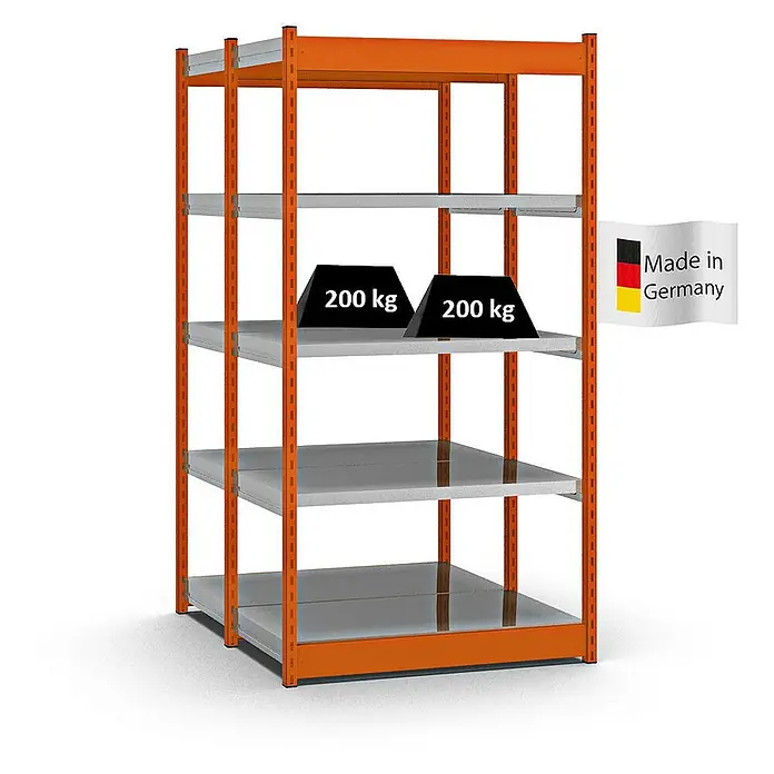 Proregal Schwerlastregal MAGNUS Vierkant-Profil Stecksystem - H x B x T: 200 x 102,5 x 50 cm, Traglast pro Boden: 200 kg, Anzahl Böden: 10 Stk., Stecken, Orange/Verzinkt