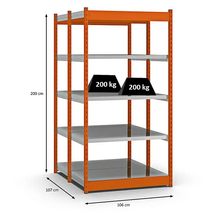 Proregal Schwerlastregal MAGNUS Vierkant-Profil Stecksystem - H x B x T: 200 x 102,5 x 50 cm, Traglast pro Boden: 200 kg, Anzahl Böden: 10 Stk., Stecken, Orange/Verzinkt