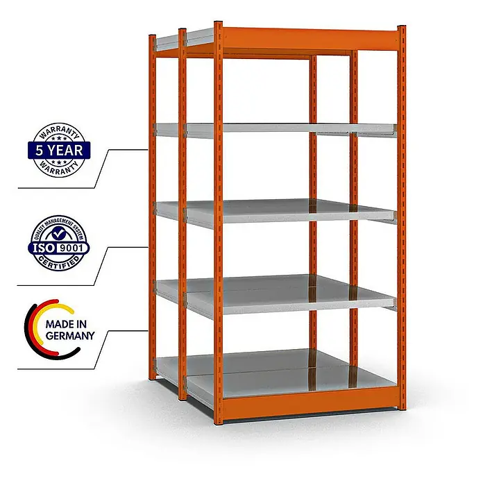 Proregal Schwerlastregal MAGNUS Vierkant-Profil Stecksystem - H x B x T: 200 x 102,5 x 50 cm, Traglast pro Boden: 200 kg, Anzahl Böden: 10 Stk., Stecken, Orange/Verzinkt
